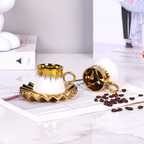 UANYEMON Turkish Coffee Cup Set,Cappuccino Cups with Saucers and Tray, Ceramic Coffee Cup Set of 6 with Gold Trim, 3.5oz for Double Espresso, Latte, Cafe Mocha, Tea (gold and White)