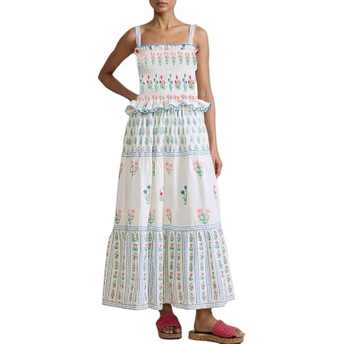 Women Summer Smocked Flowy Dress Spaghetti Strap Square Neck Floral Dress Ruffle Patchwork Boho A Line Midi Sun Dress (White Medium)