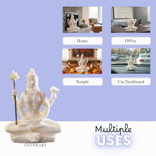 Image of Shiva Statue for Car Dashboard & Home Decor | 3 Inch White Resin Shiv Ji Idol for Pooja Room, Living Room, Office, Spiritual Showpiece & Gift (White,Size -8 * 7 * 3.5 cm,Resin)