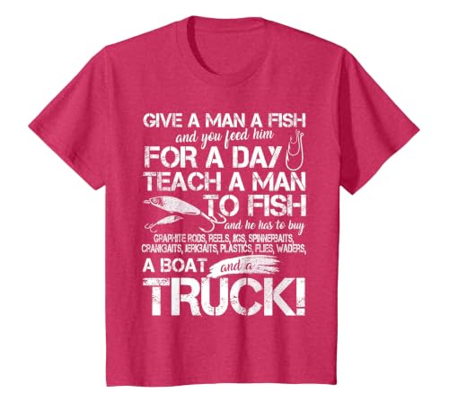 Funny Fishing Teach A Man to Fish T-Shirt T-Shirt, Youth, Red Heather, 3T