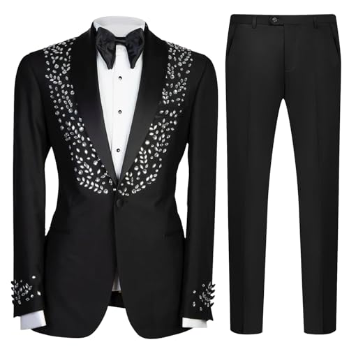 Men's 2 Piece Suit Slim Fit Suits for Men One Button Blazer Wedding Party Jacket Pants Set Beads Tuxedo Set