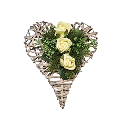 Rattanherz Rosengesteck Rosenherz 3 Rosen Zart Gelb Ecru Tischdeko Grabgesteck Grabschmuck Trauerschmuck Grabaufleger Blumengesteck Tischgesteck 31cm x 24cm x 8cm (14)