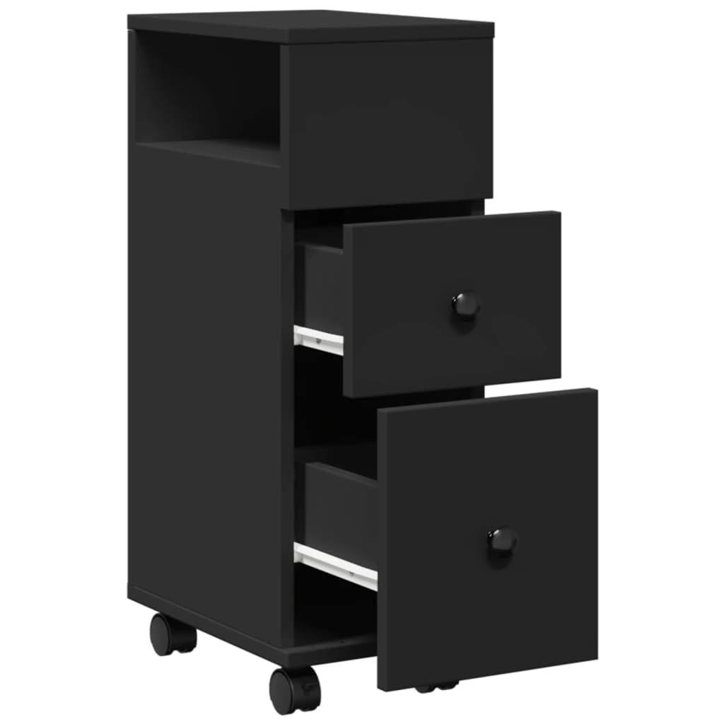 Mobile Bagno Stretto con Ruote Nero in Truciolato 2 Cassetti