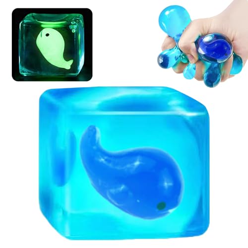 Blue Squeeze Cube with Luminous Whale Inside，Squishy Stress Fidget Gummy Toys ，Glow in The Dark Sea Animal Maltose Sensory Toy for Kids Autism , Stress Balls for Anxiety Stress Relief