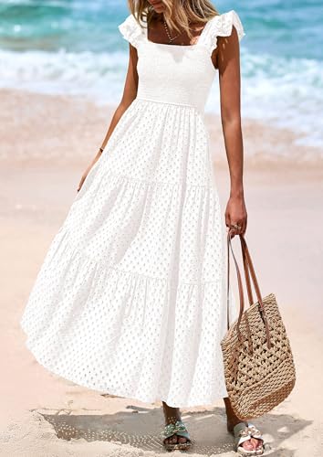PRETTYGARDEN Womens Summer Square Neck Maxi Dresses Cap Sleeve Eyelet Smocked Tiered A Line Flowy Long Dress with Pockets4