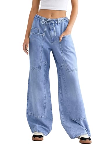 Cicy Bell Womens Wide Leg Jeans Vintage Mid Rise Baggy Boyfriend Belted Denim Pants with Pockets