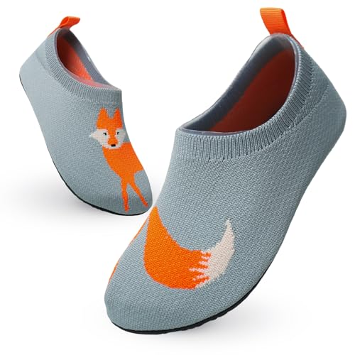 Zapatillas Casa Niña Niño Antideslizantes Pantuflas Ligeras Transpirables Suave Escarpines Calcetines Descalzos Aprender Zapatos de Punto da Niño Zorro Gris 32-33