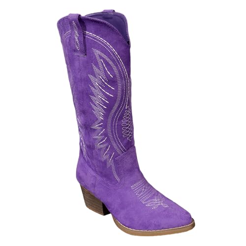 Women's Solid Color Suede Embroidered Side Zipper High Heeled Boots With Sloping Heels, Versatile Trendy, Cowboy Boot