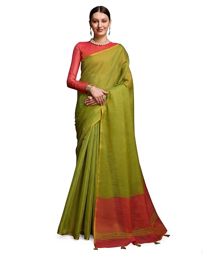 Image of SWORNOF Women's Linen Cotton Silk Saree with Unstitched Blouse Piece | Saree for Women | Saree with Blouse Piece | Soft and Skin Friendly