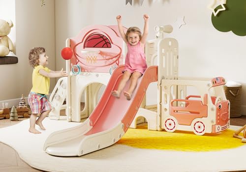 NYEEKOY 9 in 1 Toddler Slide, Bus-Themed Kids Slide and Climber Playset with Basketball Hoop, Ring-Toss, Car Playhouse, Toy Telescope, Freestanding Indoor and Outdoor Playground for Baby Age 3+