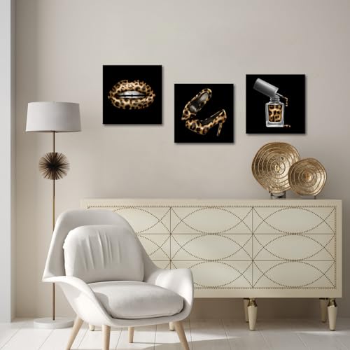Kalormore 3 Pieces Fashion Wall Art Leopard Print Lip High Heels Pictures Modern Black Gold Fashion Bathroom Wall Decor 12"x12"x3pcs by Kalormore - Used condition - Image 5