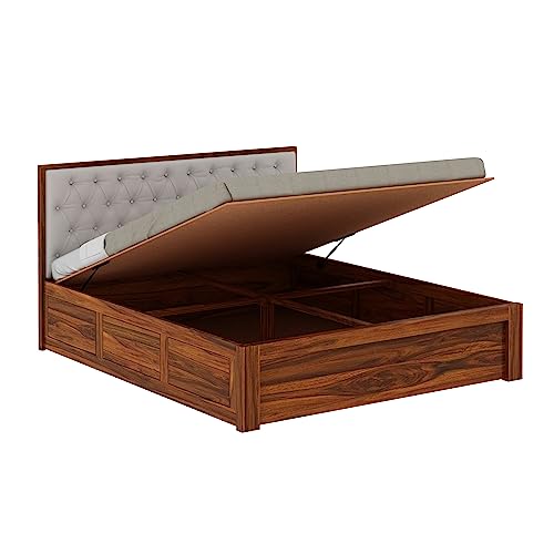 Image of Ganpati Arts Solid Sheesham Wood Decan Queen Size Bed with Hydraulic Storage and Upholstery Headboard (Natural Finish)