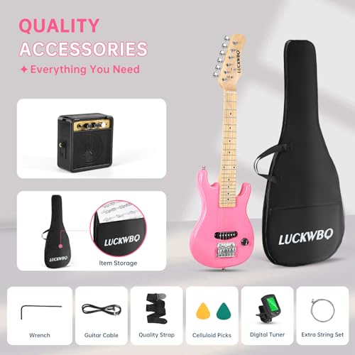 Image of 30 Inch Kids Electric Guitar Beginner Kits ST Style Mini Electric Guitar for Boys Girls,Electric guitar Starter Kit w / 5W Amplifier, Strap, Gig Bag, Strings, tuner,strings,Picks(Pink)