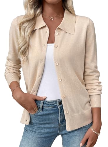 EVALESS Cardigan Sweaters for Women Lightweight Trendy Long Sleeve Lapel Collar Button Down Sweaters Fall Fashion 2025 Wool Blend Knit Cardigans Sweater Tops Fall Outfits Oatmeal Large