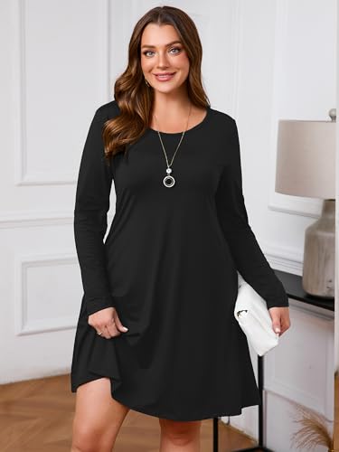 Image of AusLook Women's Plus Midi Dress Long Sleeve Crew Neck A-Line Swing Flowy Vacation Fall Wedding Guest Dresses with Pocket 1-5X