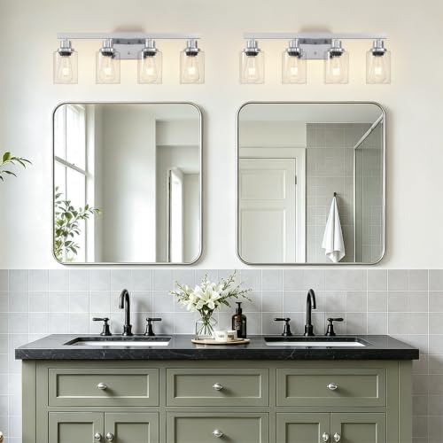 Image of 4-Light Chrome Vanity Lights,24 inch Bathroom Light Fixtures | Modern Polished Chrome Bathroom Lighting over Mirror with Clear Glass Shades,Farmhouse Bathroom Wall Sconece over Sink,E26