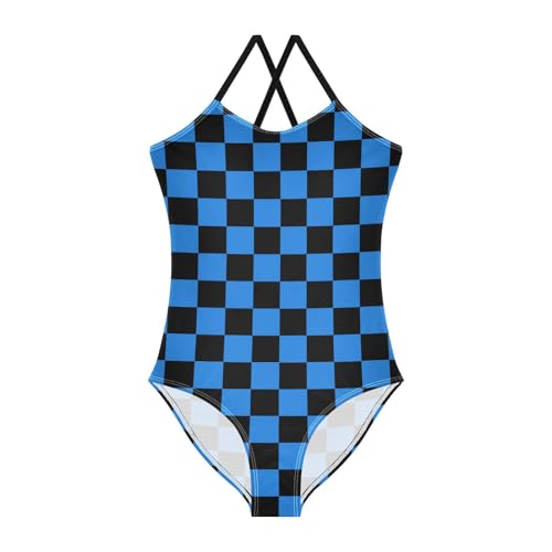Image of Black and White Chess Girls One Piece Swimsuits Board Marble Tile Sport Halter Swimwear Beach Bathing Suit 3T