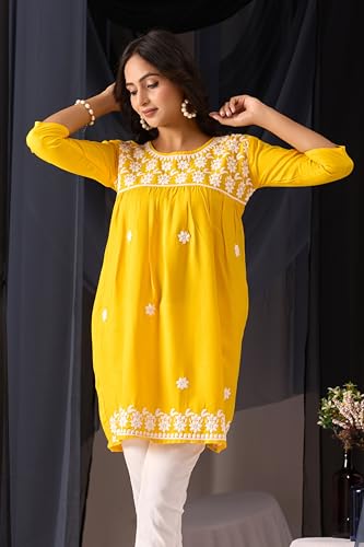 Image of Sidhidata Rayon Floral Embroidered Short Kurti | Short Anarkali Kurti for Girls | Women's Casual Sleeveless Printed Top | Tops for Women (Kurti Myra)