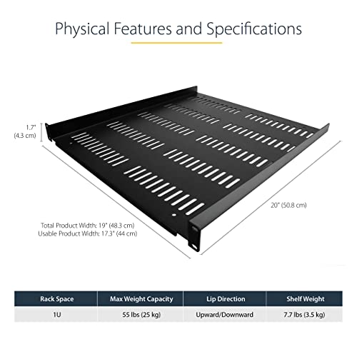 Image of StarTech.com 1U Server Rack Shelf - Universal Vented Rack Mount Cantilever Tray for 19 inch Network Equipment Rack & Cabinet - Durable Design - Weight Capacity 55lb /25kg - 20 inch Deep (SHELF-1U-20-FIXED-V)