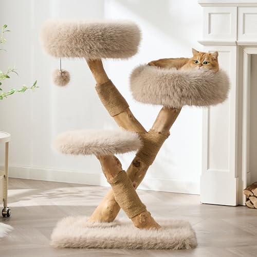 Kicari 38 Modern Cat Tree for Indoor Cats Aesthetic Natural Wood Cat Tower with Branch-Style Scratching Posts Luxury Plush Faux Fur Cat Beds with Natural Loft Perch & Hanging Ball Almond Khaki
