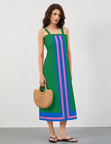 Image of calbatic Women Color Block Sleeveless Striped Maxi Dress Square Neck Backless Casual Flowy Summer Dress Small Green