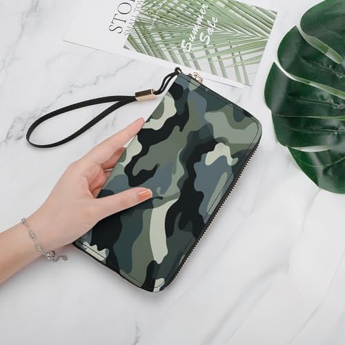 Camouflage Print Leather Wallet Fashion Bifold Purse Long Pouch with Wrist Strap for Men Women4