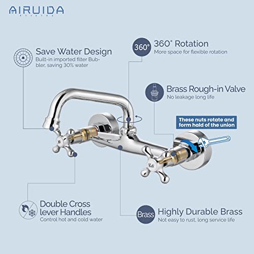 Airuida Chrome Polish Wall Mount Kitchen Sink Faucet 6 Inch(15Cm) Spout Reach 8 Inch Center Wall Mounted Kitchen Faucet Double Cross Handles Laundry Restaurant Mixer Tap 360 Rotatable Spout #TOP4