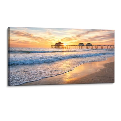 Large Framed Wall Art Ready to Hang 20" x 40" Gorgeous Huntington Beach Sunset Canvas Print Artwork Wall Art Painting Pictures Home Office Wall Décor Modern Poster