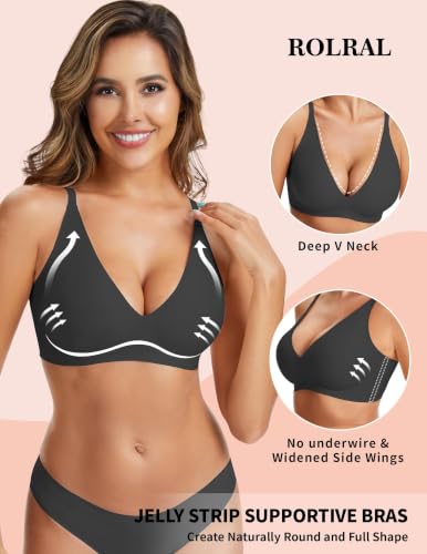 Image of Wireless Jelly Bras Push Up Deep V Supportive Seamless Bra No Underwire | Low Cut Plunge V-Neck, Soft Comfortable Tshirt Bralette, No Spillage, Wide Straps, Back Smoothing, Everyday Bra