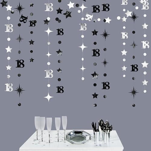 Image of Silver Black 18th Birthday Decorations Number 18 Circle Dot Twinkle Star Garland Streamer Banner Backdrop for Girls Boys Happy 18th Birthday Time to Adult Cheers to 18 Years Old Anniversary Party