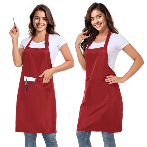 slqlgd 2 Pack Adjustable Bib Apron with 2 Pockets for men and women Waterdrop and Oil Resistant Apron Cooking Kitchen Aprons Chef Red