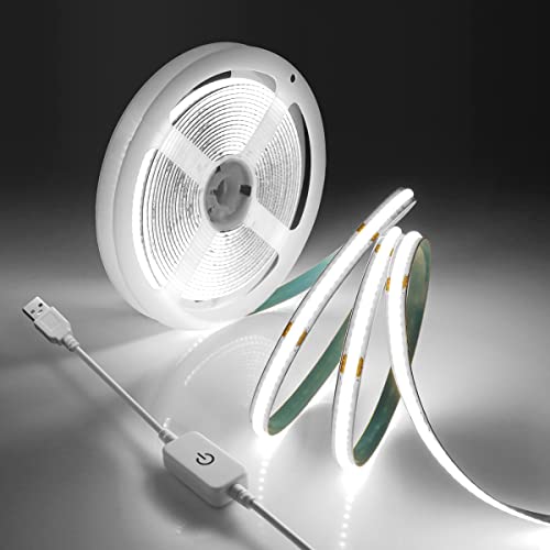 Image of AIMENGTE 5V COB LED Strip Light 6.56ft (2m), Dimmable, White, Cuttable, with Adhesive Backing - Flexible Strip Light for Kitchen cabinets, wardrobes, Shoe Racks, Bedroom Decoration