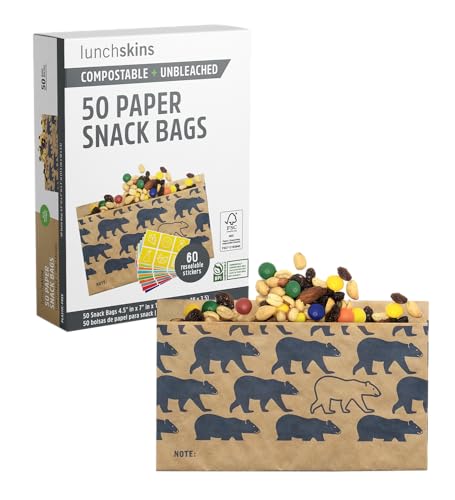 Lunchskins Compostable Food Storage Snack Bags, Bear Design, 50 Bags - Eco-Friendly, Recyclable, Made Without PFAS and BPA