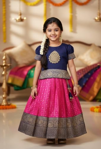 Image of New South Indian Traditional Pattu Pavadai Tapeta Silk Lehenga Choli For Girls Dress