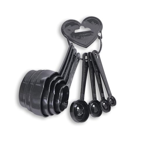 Image of IBELL MCP08E 8-Piece Kitchen Measuring Set, Plastic Measuring Cups and Spoons with Ring Holder, Complete Baking and Cooking Measurement Tools (Black)