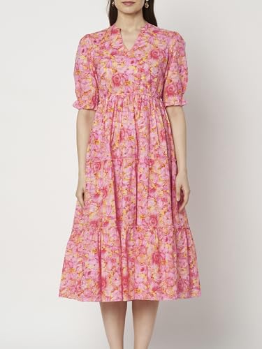 Image of PIDAVLIYA'S Women's Floral Summer Maxi Dress I Cotton Printed I One Piece Bodycon Midi Dress with V-Neck, Puffed Sleeves