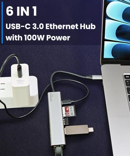 Image of USB-C Ethernet Adapter with 100W Charging Port & Multiport Hub - Gigabit Ethernet Adapter, 5GB USB 3.0, SD /FT for Laptops, MacBooks, Chromebooks & More