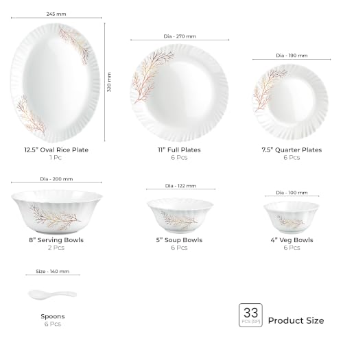 Image of Treo by Milton Opalware Aurelia Silvia Dinner Set of 33 | Serving for 6 | Microwave & Dishwasher Safe | Bone-Ash Free | Tempered Toughness | Plates, Bowls, Spoons | Crockery Set for Dining & Gifting