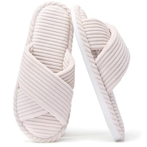 House Slippers for Women Corduroy Cross Band Slippers Open Toe Bedroom Indoor Shoes with Memory Foam