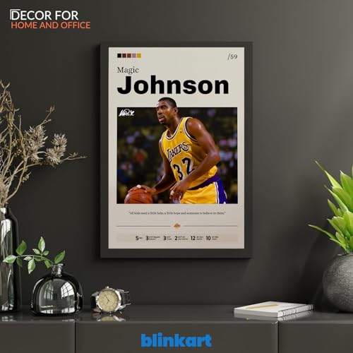 Image of BLINKART Magic Johnson | Nba Basketball Player | Synthetic Wood Photo Framed Wall Hanging Poster Room & Office Bedroom Living Boys And Girl Room Home Wall Hanging | 12x18 Inches