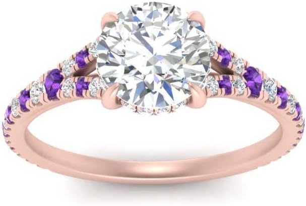 Image of Choose Your Gemstone Round Split Halo Pave Diamond CZ Ring Rose Gold Plated Round Shape Halo Engagement Rings Matching Jewelry Wedding Jewelry Easy to Wear Gifts US Size 4 to 12