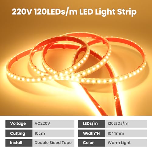 Wisada Anschluss an AC220-240V LED Streifen, 4M 120LEDs/m SMD2835 Flexible Superhell Warmweiß CRI≥90 LED Lichtband, LED Band Lichtschlauch Leiste Kette Selbstklebend mit Stecker für Weihnachten