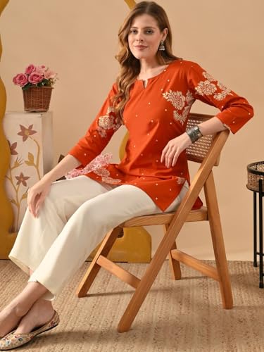 Image of RAINDROP Women's Printed Short Kurti for Girls | Regular Wear Flared Tunic Top | Stylish & Comfortable Rayon Kurti |Short Kurti Top