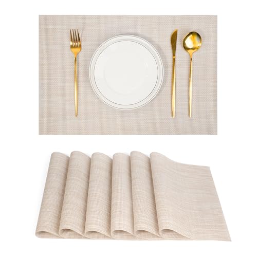 flohar Placemats Set of 6，Non-Slip PVC Weave Table Mats Easy to Clean，Heat Resistant Place Mats for Kitchen Dining Table Decoration Indoor Outdoor，Beige White