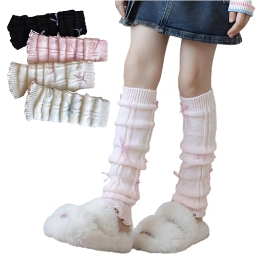 4 Pack Girls' Knitted Leg Warmers Knee High Calf Socks with Cute Bows, Soft Stretchy Warm Long Tube Socks