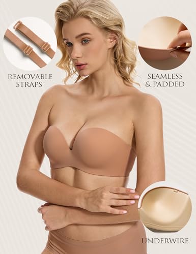 Image of Wingslove Strapless Bra Push Up for Women Underwire Half Backless Bra with Removable Straps Seamless Padded Support
