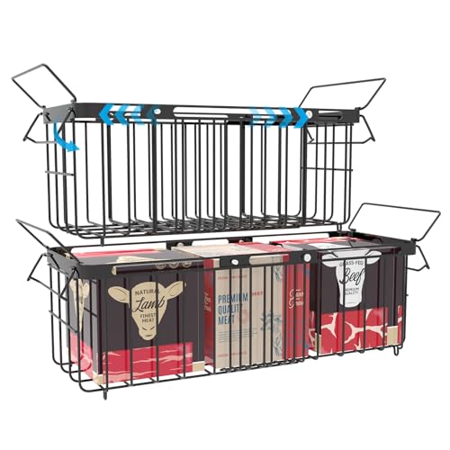 Freezer Organizer Bins, 2 Pack Expandable Stackable Chest Freezer Containers with Hanging Handles, Adjustable From 14.6" to 24.8" Storage Baskets for Fridge, Deep Freezer, Cabinet, Kitchen, Pantry