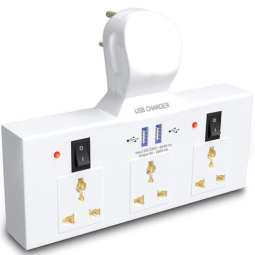 power champ 2.0 cordless extension board with usb ports & 3 universal sockets with individual switch buttons & led indicators, short circuit protection