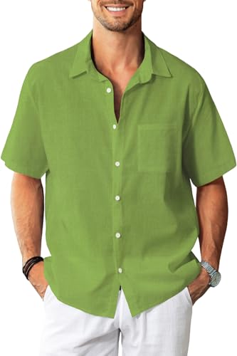 KYKU Mens Button Up Shirt Short Sleeve Beach Summer Cotton Linen Lime Green Top Men Casual Shirt with Pocket M