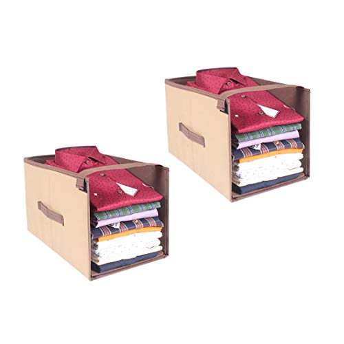 PrettyKrafts 2 Pcs Non Woven Shirt Stacker/Cloth Organizer for Storage/Closet & Wardrobe Organizer for Storage/Foldable Shirt Organizer Cloth Storage Box (Beige & Brown, 25x38x25 cm)
